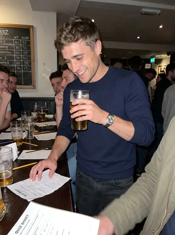 Kerr, AI character: a crowded pub quiz table with pint glasses, answer sheets, and a half-erased chalkboard in the background