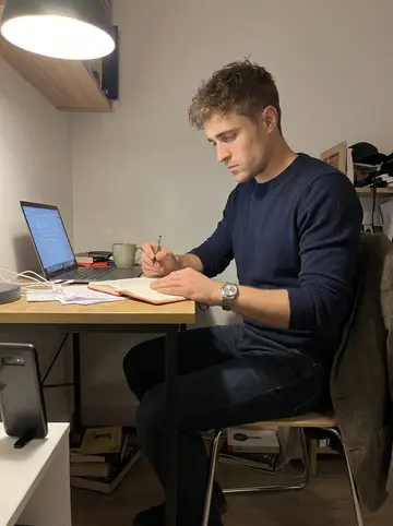 Kerr, AI character: his small flat at a narrow desk, laptop open, red notebook beside a mug of tea, an old tweed jacket draped…