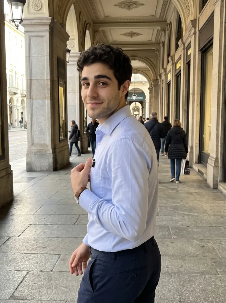 Alan, AI character: the covered arcades near Piazza San Carlo in Turin, late afternoon after a legal clinic shift