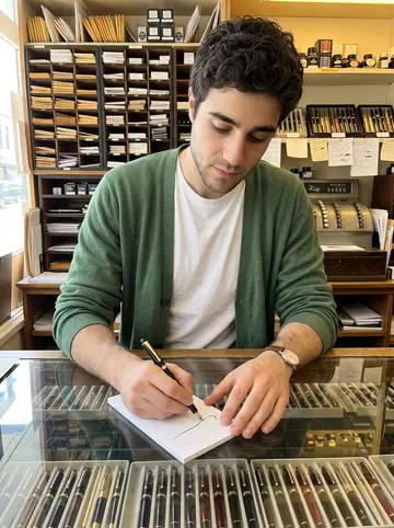 Alan, AI character: behind the counter of his father's stationery shop in Turin, drawers of envelopes and fountain pen trays…