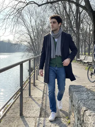 Alan, AI character: the Po riverbank path near Parco del Valentino on a clear winter morning, bare trees and the river behind him