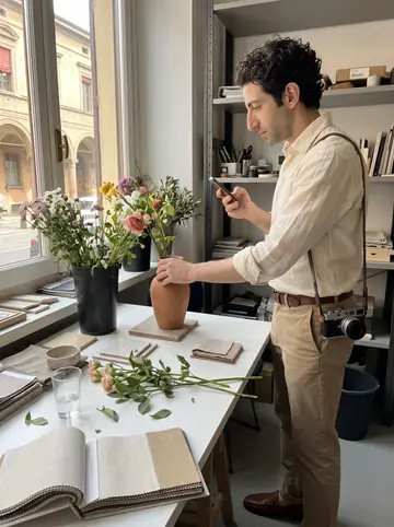 Pietro, AI character: his small design office near central Bologna, beside the front window with fabric swatches, tile samples,…