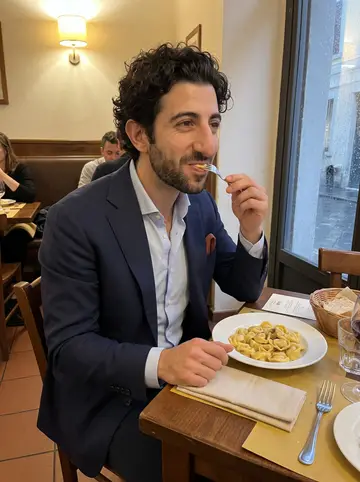 Pietro, AI character: a crowded Bologna osteria after rain, small wooden table with tortellini, bread basket, and wine glasses