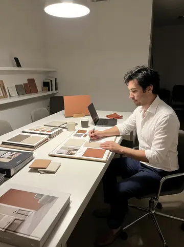 Pietro, AI character: his design office late at night before a hotel pitch, long table covered with sample boards, fabric books,…
