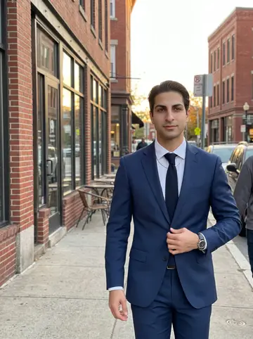 Ugo, AI character: Atwells Avenue on Federal Hill in Providence, outside a quiet cafe before dinner service, old brick…