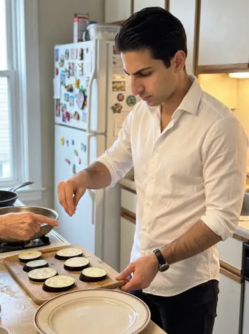 Ugo, AI character: his nonna Agnese's narrow Federal Hill kitchen on a Wednesday morning, eggplant slices laid out on a…