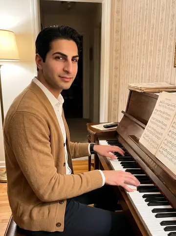 Ugo, AI character: his nonna's front room after dinner, upright piano against patterned wallpaper, a stack of old sheet music…