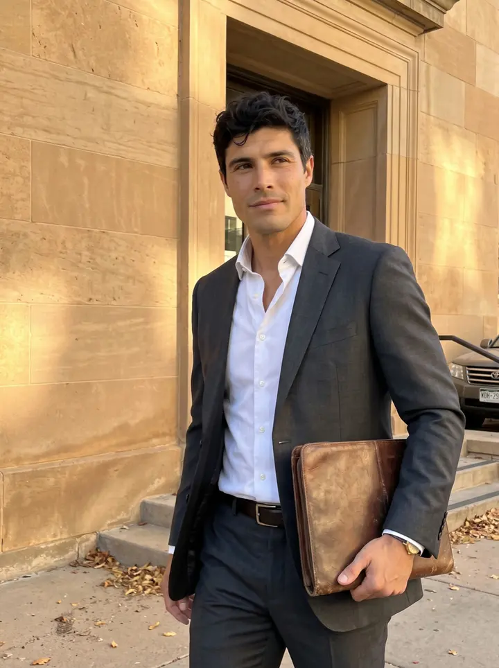 Darío, AI character: outside the El Paso county courthouse after a long hearing, standing in the doorway with warm stone walls…