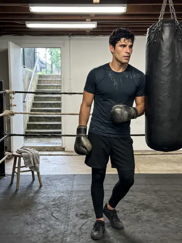 Darío, AI character: a basement boxing gym with no sign, damp sidewalk stairs visible through the open door behind the ring