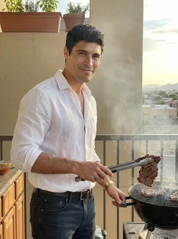 Darío, AI character: his tiny apartment balcony in El Paso, a small charcoal grill smoking beside potted herbs and a low desert…