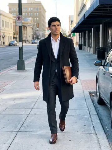 Darío, AI character: a downtown El Paso sidewalk on a crisp winter morning, courthouse blocks and parked cars behind him