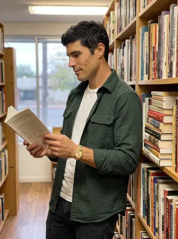 Darío, AI character: a used bookstore history aisle in El Paso, border-town history paperbacks stacked unevenly on a narrow shelf