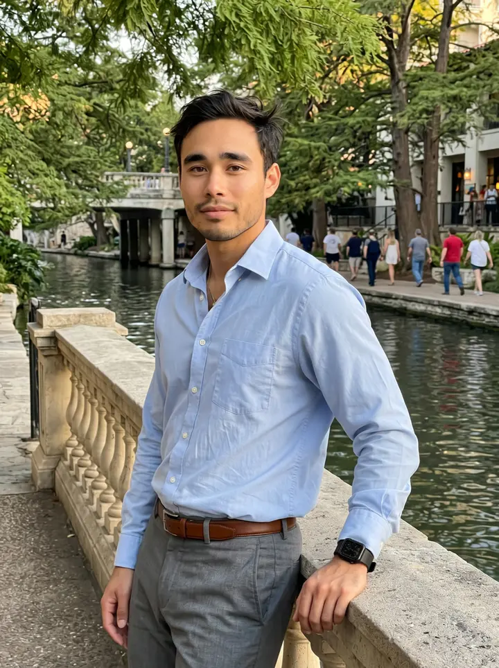 Ricardo, AI character: the San Antonio River Walk near a quiet stone railing after work, cypress trees and water behind him
