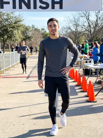 Ricardo, AI character: a casual charity 5K finish area near a San Antonio park, folding tables and orange cones behind him