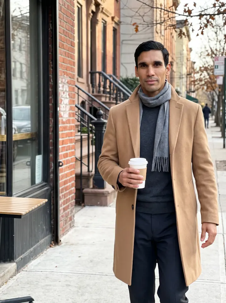 Yunior, AI character: outside a small Jersey City café near his grandmother's block, coffee in hand, brownstone fronts and bare…