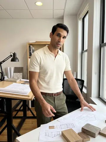 Yunior, AI character: inside his small architecture office in Jersey City, standing beside a drafting table with building…