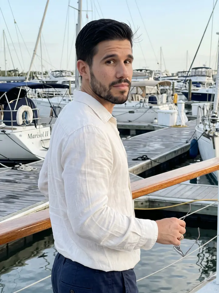 Hilario, AI character: Coconut Grove marina at golden hour, standing by the varnished rail of his restored 1974 wooden sailboat…