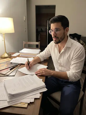 Hilario, AI character: his apartment dining table late at night, legal briefs spread beside a fountain pen and a stack of old…