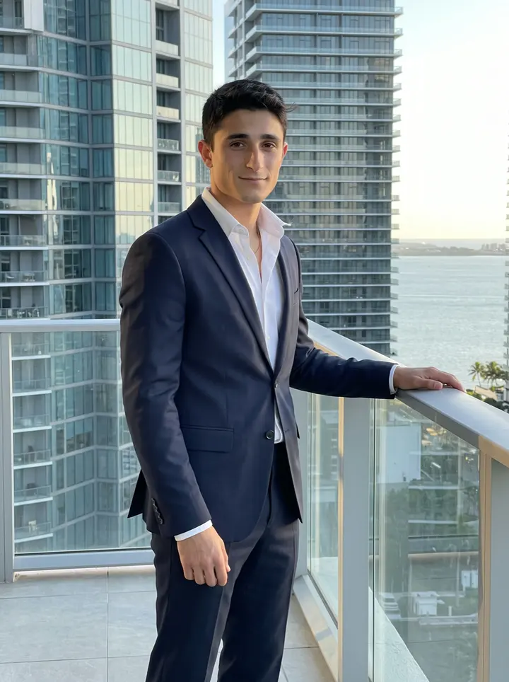 Néstor, AI character: a Brickell rooftop terrace after work, glass towers and a strip of Biscayne Bay behind him