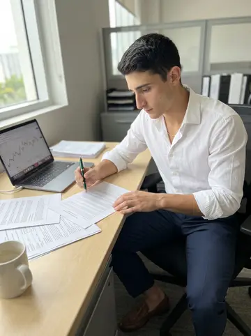 Néstor, AI character: a quiet corner table in a Miami commodities office before market open, laptop, printed shipping documents,…