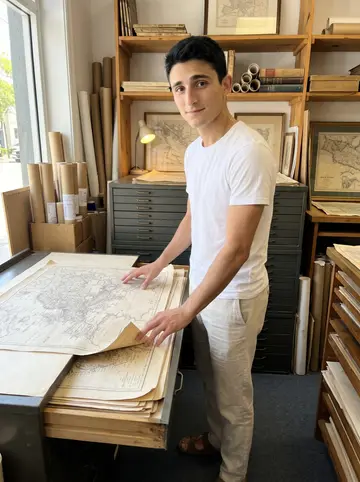 Néstor, AI character: a small antiquarian map shop near Downtown Miami, drawers of old Mediterranean port maps pulled open…