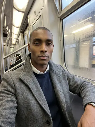 Femi, AI character: inside an early subway car on a Sunday route he is learning, fogged window and muted platform lights…