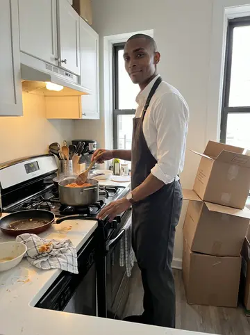 Femi, AI character: his temporary New York apartment kitchen with a pot of jollof on the stove and moving boxes still stacked…