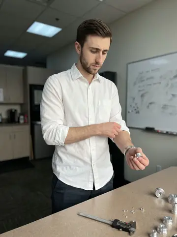 Steven, AI character: a quiet engineering office break area in Seattle, near a whiteboard and a table with machined sample parts
