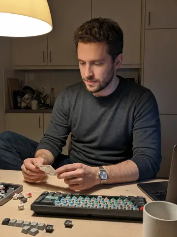 Steven, AI character: his apartment kitchen table late at night, a half-built custom mechanical keyboard, switches, keycaps and…