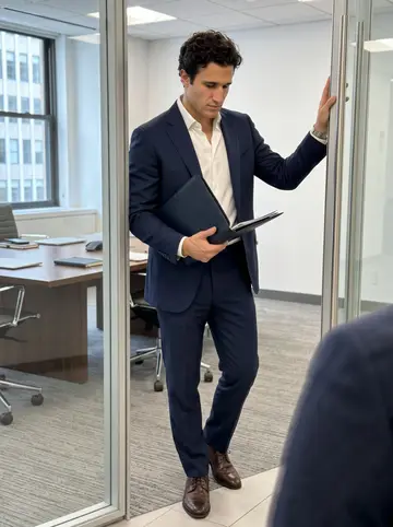 Harvey, AI character: glass doorway of a Midtown client floor before an early meeting, conference room table and notebooks…