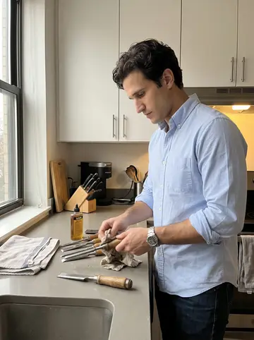 Harvey, AI character: his apartment kitchen counter on a grey Saturday afternoon, father's old chisels laid out on a folded…