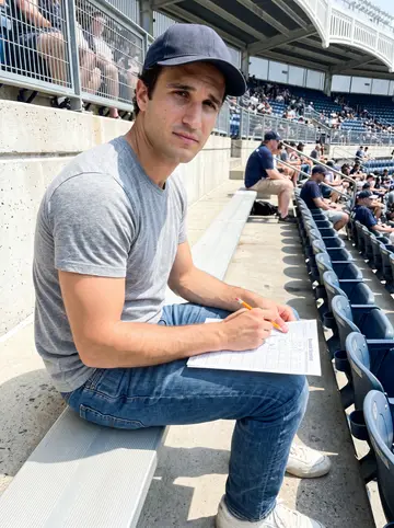 Harvey, AI character: cheap upper-deck seats at Yankee Stadium during a day game, scorecard balanced on his knee