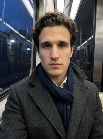 Harvey, AI character: subway train window seat heading downtown before sunrise, dark window reflecting tunnel lights beside his face