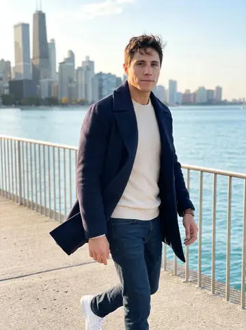 Morgan, AI character: the Chicago lakefront path near Lincoln Park at late afternoon, Lake Michigan and the skyline behind him