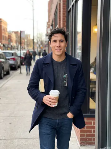 Morgan, AI character: outside a small coffee shop on Clark Street in Chicago on a quiet morning
