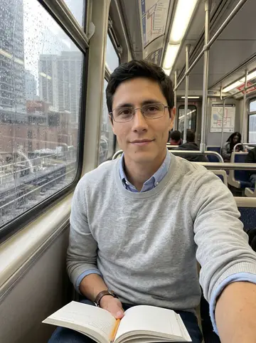 Morgan, AI character: inside a Chicago L train by the rain-streaked window, heading north with a paperback open