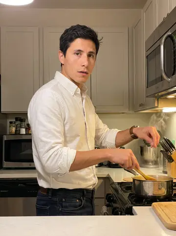 Morgan, AI character: his Chicago apartment kitchen during risotto attempt eleven, with a pot on the stove and a cutting board…