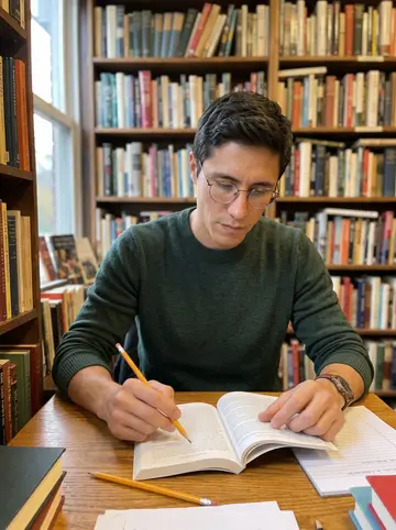 Morgan, AI character: a used bookstore on Clark Street, seated at a small reading table between tall shelves