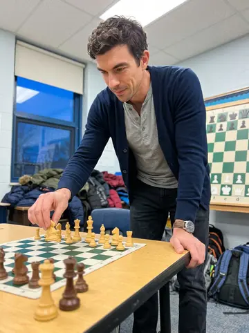 Justin, AI character: public elementary school classroom after Wednesday chess club, winter coats piled on a chair and a demo…