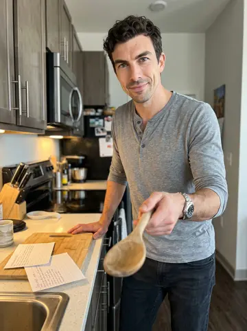 Justin, AI character: his Minneapolis apartment kitchen on a Sunday morning, handwritten recipe cards spread beside a cutting board