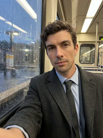 Justin, AI character: inside a Minneapolis light rail car after work, rain-streaked window and blurred station lights behind him