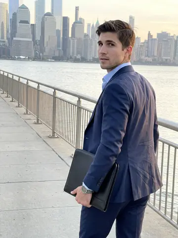 Joseph, AI character: Jersey City waterfront walkway after office hours, lower Manhattan blurred but still readable behind him,…