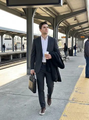 Joseph, AI character: New Jersey Transit platform in the morning, yellow safety line and station canopy behind him, commuters…
