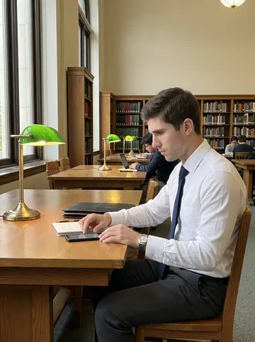Joseph, AI character: public library reading room, third table from the window, green-shaded lamps, chess puzzle open on his…
