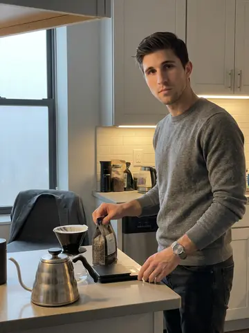Joseph, AI character: small Jersey apartment kitchen before sunrise, gram scale, gooseneck kettle, coffee dripper, and a folded…