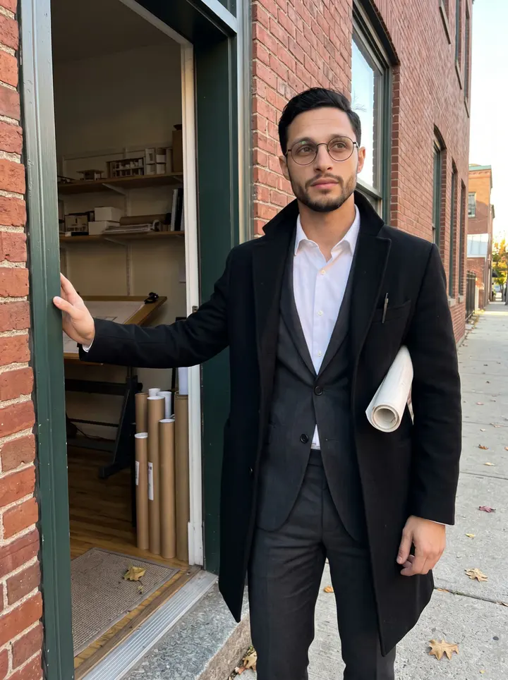 Kelvin, AI character: outside his small architecture office on a brick side street in Portland's Old Port, standing in the…