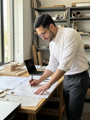 Kelvin, AI character: inside his small architecture office in daylight, long table covered with plans, tracing paper, a laptop,…