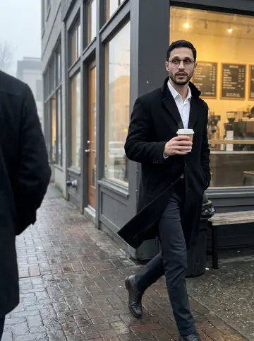 Kelvin, AI character: outside a tiny Portland coffee bar after his usual espresso, fog still hanging over the street and wet…