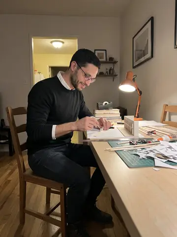 Kelvin, AI character: his apartment dining table late in winter, balsa strips, tiny clamps, glue bottle, and a small facade…