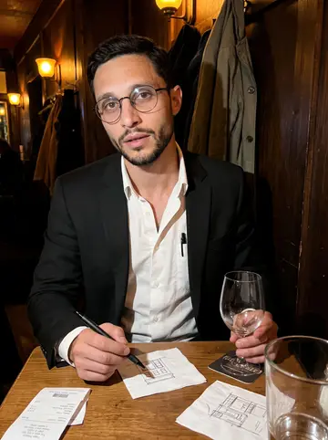 Kelvin, AI character: a narrow Portland bar after an architecture walk, seated at a small table with a napkin sketch of a…